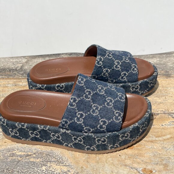 Gucci Women's Angelina Denim Blue Platform Sandals Size 37 - Picture 2 of 9